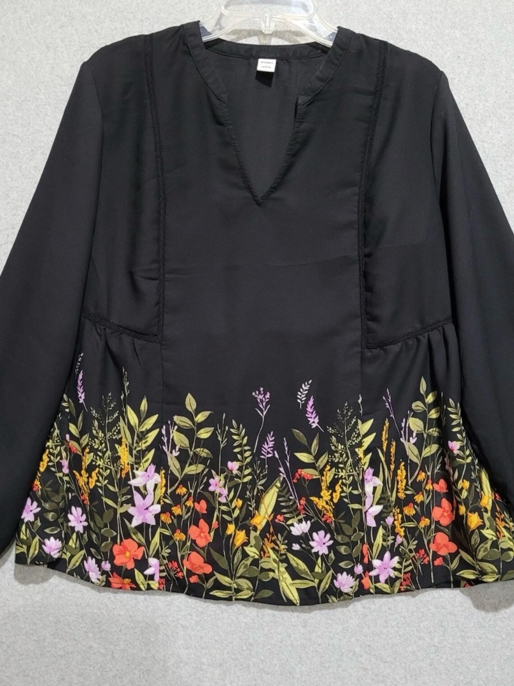 Old Navy Black V-Neck Blouse with Multicolor Floral Border